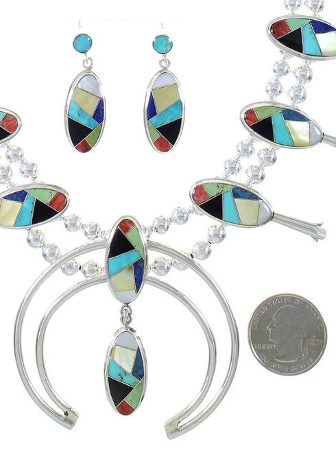 Authentic Sterling Silver Multicolor Inlay Squash Blossom Necklace Set RX94134
